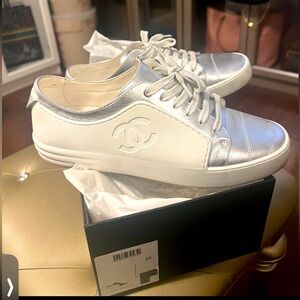 Chanel white silver leather sneaker